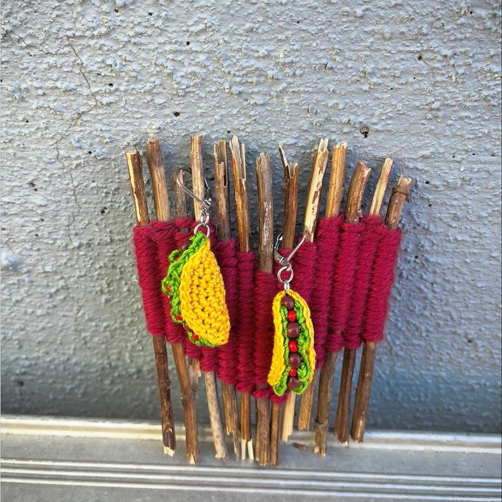 Handmade Taco Earrings with Red Yarn Display
